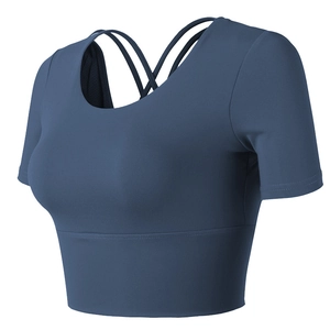 Blue crop top yoga shirt with cross back straps and built-in pads for fitness