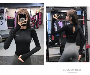 Detail of yoga set with open back long sleeve top and high waist leggings in gym setting