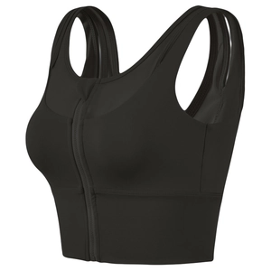 High impact black sports bra with front zipper and wide straps for yoga and running