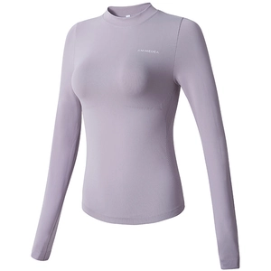 Slim fit lavender long sleeve yoga top with crew neck and breathable texture