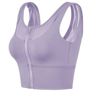 Lavender shockproof sports bra with front zipper and breathable mesh panel for yoga