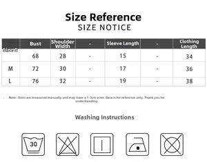 Size chart for yoga top with bust measurements, washing instructions and care symbols