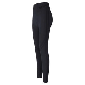 High-waisted black yoga leggings with seamless side stripes and compression fit design