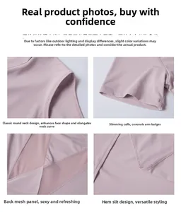 Detail view of round neck, mesh stitching, and split hem on quick-dry fitness yoga top