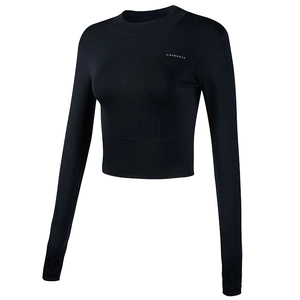 Slim fit black long sleeve yoga crop top with thumbholes and athletic silver logo print