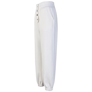 High waist loose white joggers with button detail and elastic cuffs for women