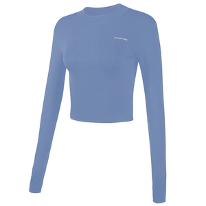 Slim fit light blue long sleeve yoga top with round neck and chest letter logo