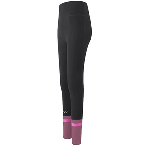 High-waist black gym leggings with purple and pink striped accents and DUO logo