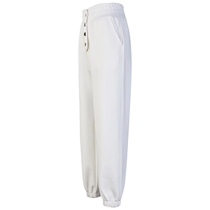 White high waisted jogger pants for women with button waist and side pockets