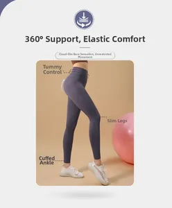 Détail du legging de sport violet à taille haute avec contrôle du ventre pour yoga