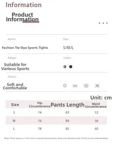 Tabella taglie per leggings yoga tie-dye con misure S, M, L in centimetri