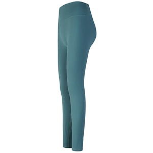 High-waisted dark teal yoga pants with compression waistband and flatlock stitching