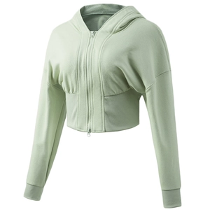 Veste de Yoga Courte pour Femme Sweat à Capuche Zippé Mélange de Coton Manches Longues Coupe Ajustée Sport Haut Extérieur
