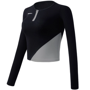 Top sportivo aderente a maniche lunghe con mezza zip e tessuto a coste grigio e nero