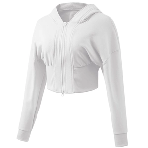 Veste à capuche blanche courte pour femme avec fermeture éclair pour fitness et yoga