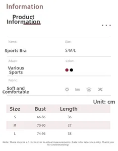 Detailed sports bra size chart for S, M, and L sizes in centimeters for fitness training