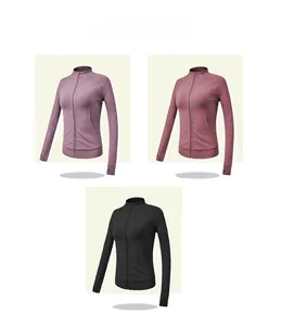 Slim fit yoga jacket featuring stand collar and thumbholes in three classic colors