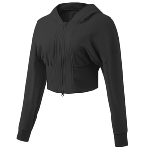 Sweat à capuche zippé court noir pour femme avec ourlet côtelé élastique pour fitness