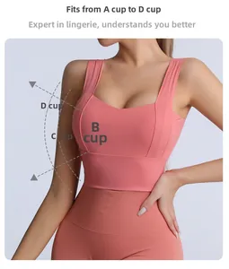 Detail view of pink sports bra showing wide straps and U-neck for A-D cups