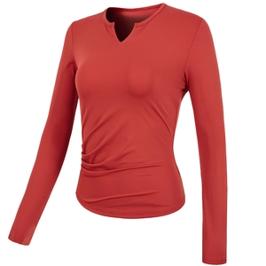 Women's Slim Fit V-Notch Neck Long Sleeve Yoga Top Ruched Side Quick Dry Elastic Fitness Gym Sport Active Shirt