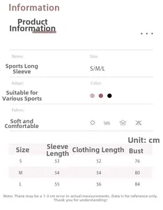 Detailed size chart for the stand collar yoga top showing length and chest measurements