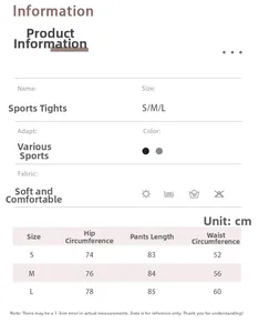 Size chart for high waisted tie-dye yoga pants showing S, M, and L dimensions in cm