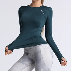 Women Slim Fit Long Sleeve Yoga Shirt Breathable Quick Dry Running Sports Top With Thumbholes NEVERSTOP Letter Print