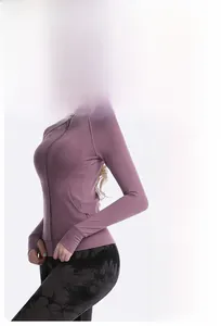 Slim fit purple yoga jacket with stand collar and thumb holes for women training