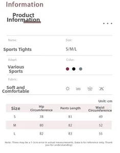 Tableau des tailles pour leggings de sport taille haute montrant mesures S M L en 3 couleurs