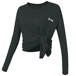 Atmungsaktives schwarzes Langarm-Yoga-Top mit Knotendetail und Buchstabendruck für Sport