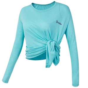 Damen Langarm Crop Top Sportlich Knoten Detail Rundhals Atmungsaktives Polyester T-Shirt Für Fitnessstudio Laufen Fitness Casual Wear