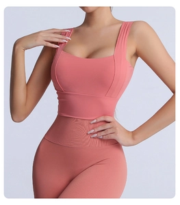 Detail view of coral pink sports bra and high-waisted ribbed yoga leggings set