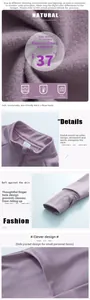 Detail of fleece lining, thumbholes, and stand collar on purple yoga jacket