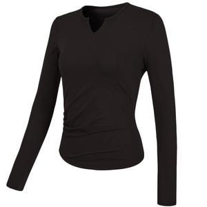 Detail view of black notched V-neck sports top with side ruching and slim fit design