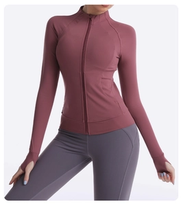 Slim fit dusty pink yoga jacket with stand collar and thumb holes for women
