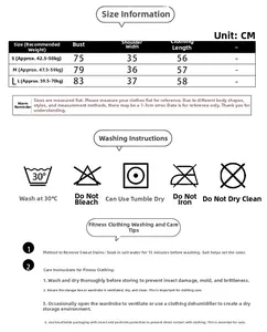 Size chart for slim fit fleece yoga jacket showing measurements from S to L in centimeters