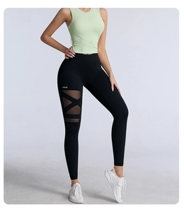Detailansicht der schwarzen High-Waist Yoga-Leggings mit Mesh-Einsätzen und überkreuzten Bändern