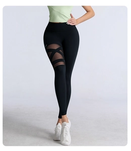 Detailansicht der High Waist Yoga-Leggings mit Mesh-Einsätzen und überkreuztem Design