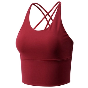 Cross-back sports bra in dark red with wide elastic band for high impact workout