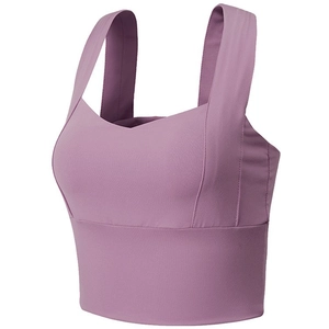 Lilac wide strap sports bra with heart-shaped neckline and elastic support fabric