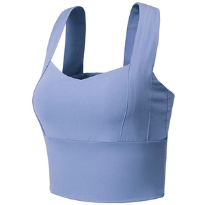 Sky blue racerback sports bra with wide straps and high-support elastic band