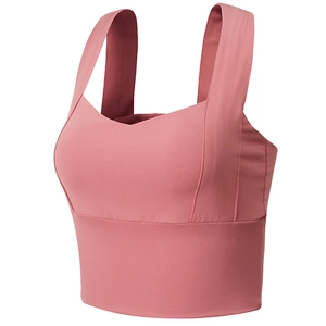 Pink high-support sports bra with wide straps and elastic breathable fabric for running yoga