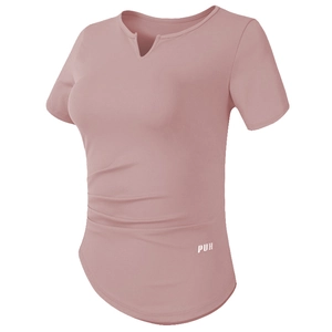 Haut de yoga rose pour femme avec col en V, coupe ajustée et détails froncés sur le côté