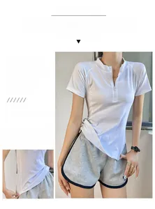Detail view of white half-zip fitness top with high-stretch slim fit and structural seams
