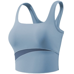 High-elastic light blue shockproof sports bra with navy blue cutout panels and square neck