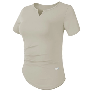 T-shirt de sport slim à col en V pour femme en beige avec taille froncée pour fitness