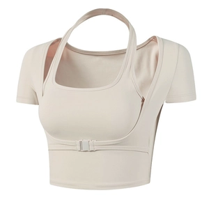 Dames Yoga Top Korte Mouw Sneldrogend Slim Fit Crop Top Met Borstpads Gesp Detail Ademend Fitness Sportkleding