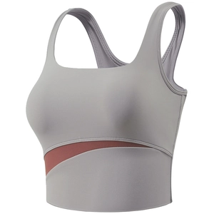 Women's shockproof sports bra in grey and dusty rose patchwork with square neckline