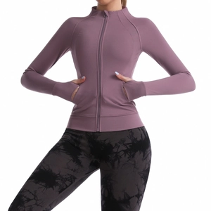 Women's Slim Fit Yoga Jacket Stand Collar Zip Up Sports Top Long Sleeve Activewear With Thumbholes Nylon Spandex Running Workout Jacket
