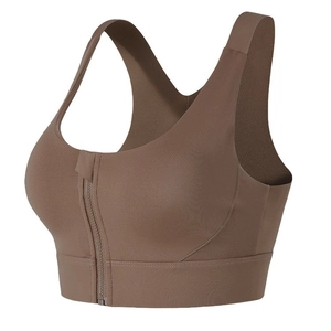 Mocha brown high-impact sports bra with front zipper and wide straps on white background